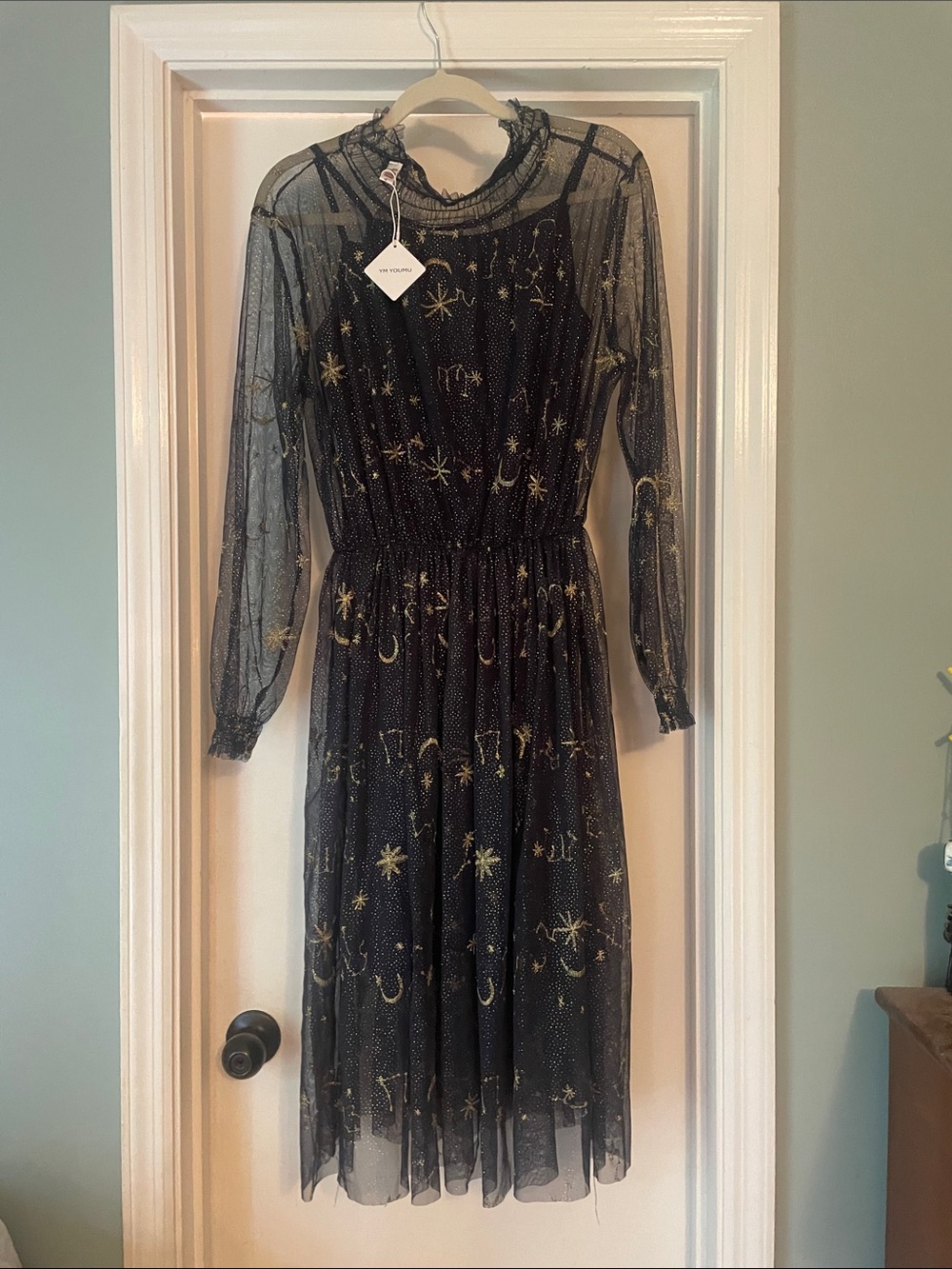 Sheer Black Midi Dress with Gold Star Embroidery